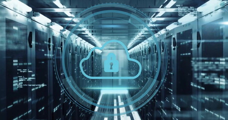 Image of cyber security text with digital data processing over computer servers