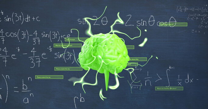 Image of neon shapes over mathematical equations and brain