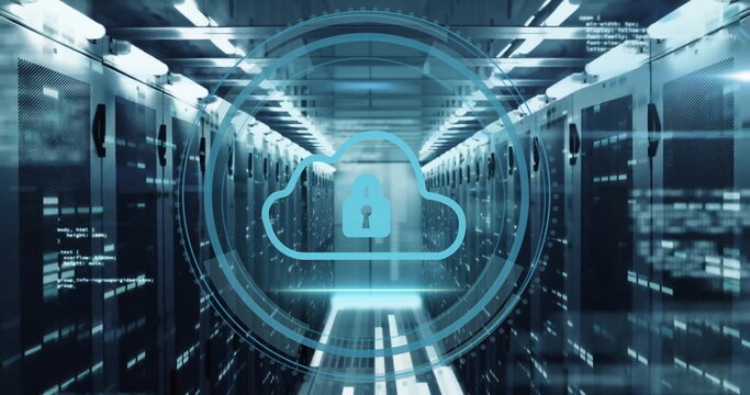 Image of cyber security text with digital data processing over computer servers