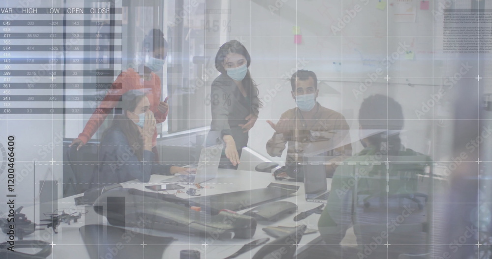 Poster image of data processing and diagrams over diverse colleagues with face masks discussing work