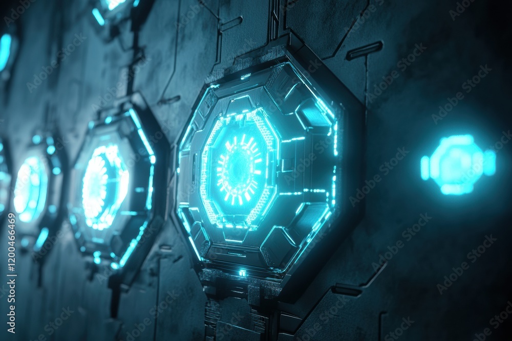 Poster glowing wall technology deflects harmful viruses and enhances safety in a futuristic environment. ge