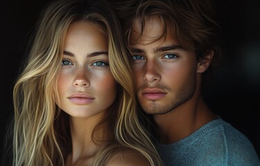 Smiling Young Couple in Eyeglasses Posing Confidently in Casual Attire Against a Minimalist Background