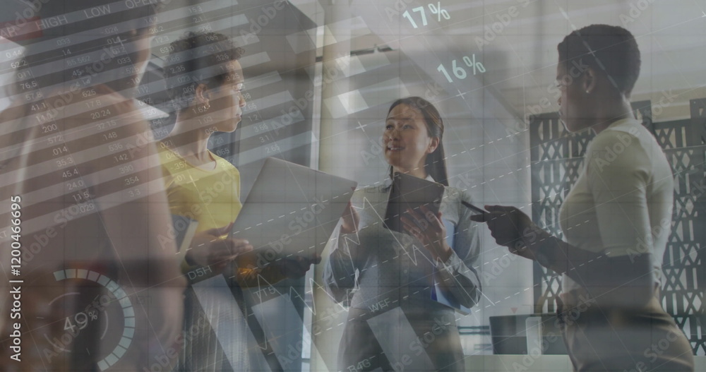 Poster image of data processing and diagrams over diverse colleagues discussing work