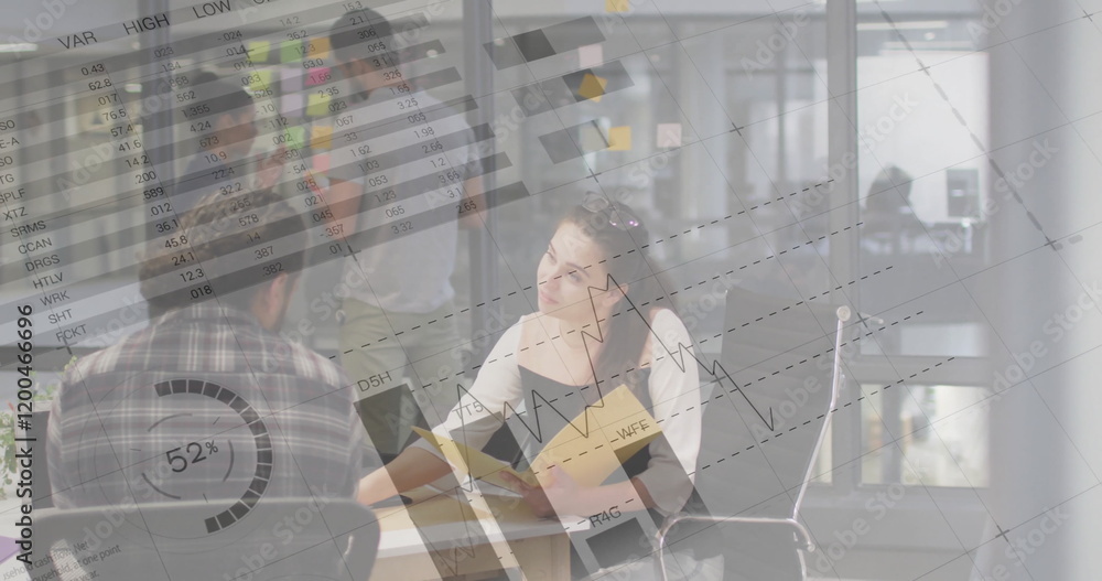 Poster image of data processing and diagrams over diverse colleagues discussing work