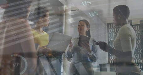 Image of data processing and diagrams over diverse colleagues discussing work