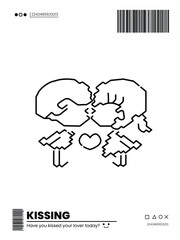 A black and white drawing of two people kissing. The text below the drawing says 