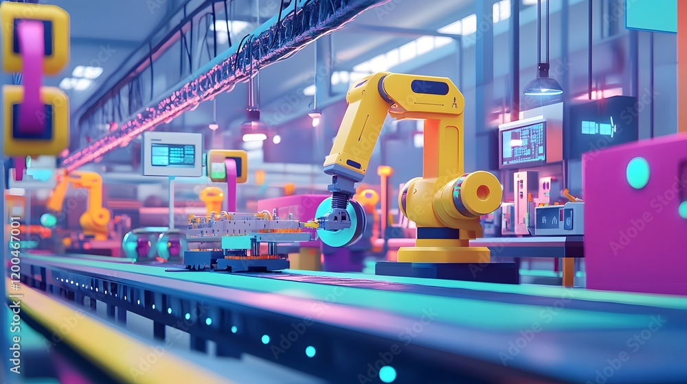 Poster automated robotic assembly line in modern factory