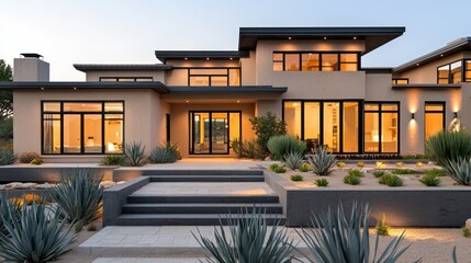 Fototapeta premium A modern architectural home in sand-colored stucco, charcoal concrete details, and wide black-framed windows