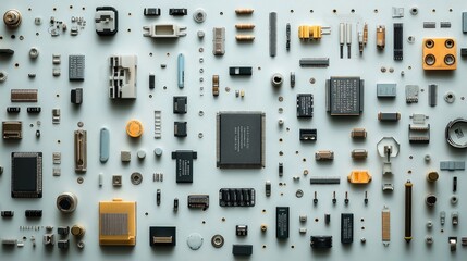 A flat lay of electrical connectors, resistors, and circuit boards on a clean surface.