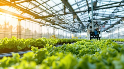 An expansive industrial agricultural facility with automated irrigation systems and robotic harvesters cultivating crops in large greenhouse complexes, Agricultural facility scene, Smart farming style