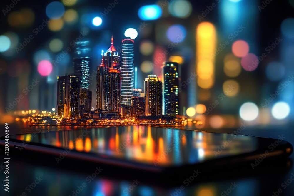Poster tiny cityscape emerges from glowing smartphone screen illuminating the surroundings. generative ai
