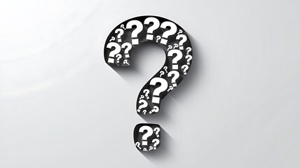 A black and white abstract image of a question mark silhouette against a white background. The question mark is large and made of multiple smaller question marks, creating a pattern. 