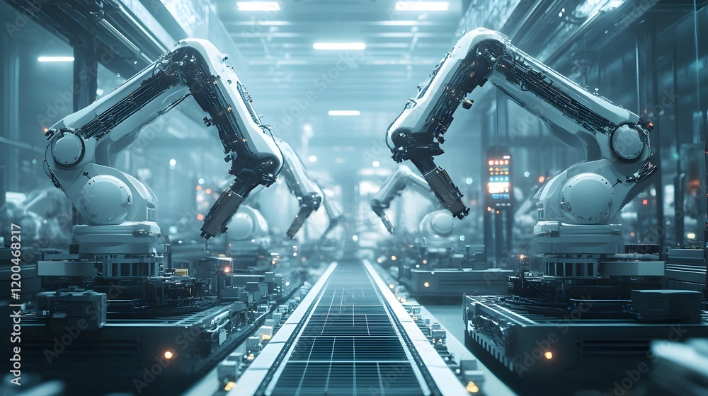 Poster automated robotic arms on a factory assembly line