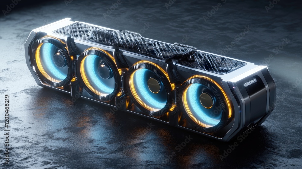 Poster a futuristic generator design glowing with sci-fi energy patterns.