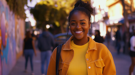 Fototapeta premium Cheerful Black Woman on a Bustling Urban Street