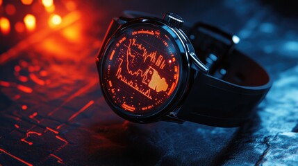 A futuristic smartwatch with a glowing display showcasing health metrics and notifications.