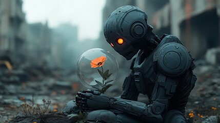 Fototapeta premium Robot holds flower in post-apocalyptic city; hope, survival