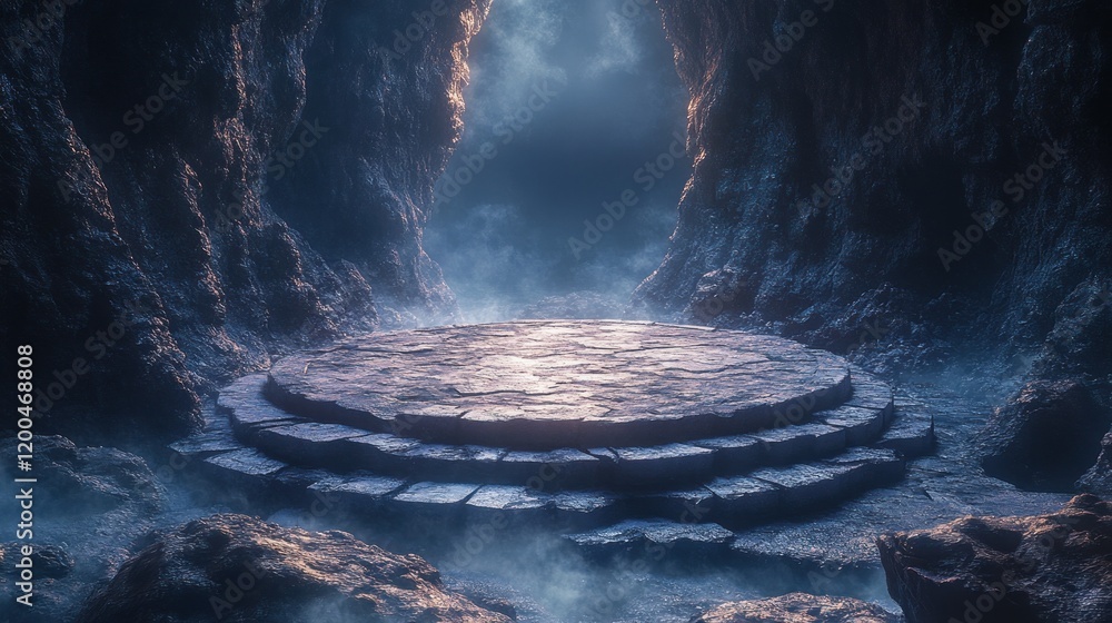 Poster stone platform in dark cave with ethereal lighting and chiaroscuro contrast for minimalist showcase