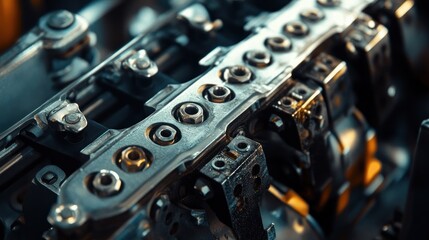 Close-up View of a Complex Engine's Internal Mechanism, Highlighting the intricate network of metallic components, bolts, and fasteners.