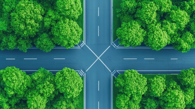 Aerial View of Road Intersection Surrounded by Lush Green Trees