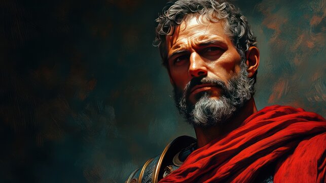 Roman general portrait, dramatic lighting, dark background, historical art