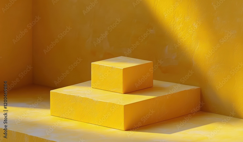 Poster minimalistic yellow geometric blocks stage platform for product display in soft natural light