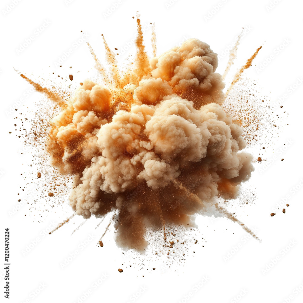 Poster an explosion of dust and smoke. creating a dramatic effect with particles and debris dispersing outw