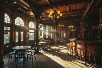 Grand saloon interior featuring wooden pillars, vintage chandeliers, and sunlight streaming through arched windows