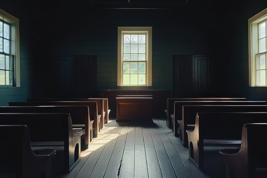 Vintage courthouse interior with empty wooden benches, sunlight streaming through the central window