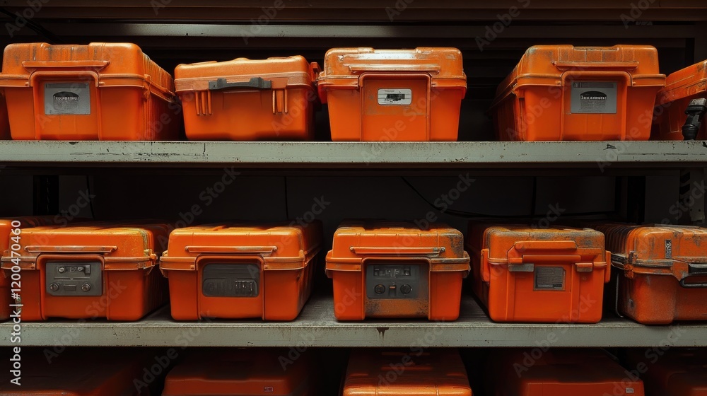 Poster a neatly organized shelf with power tool cases stacked in an industrial setting.