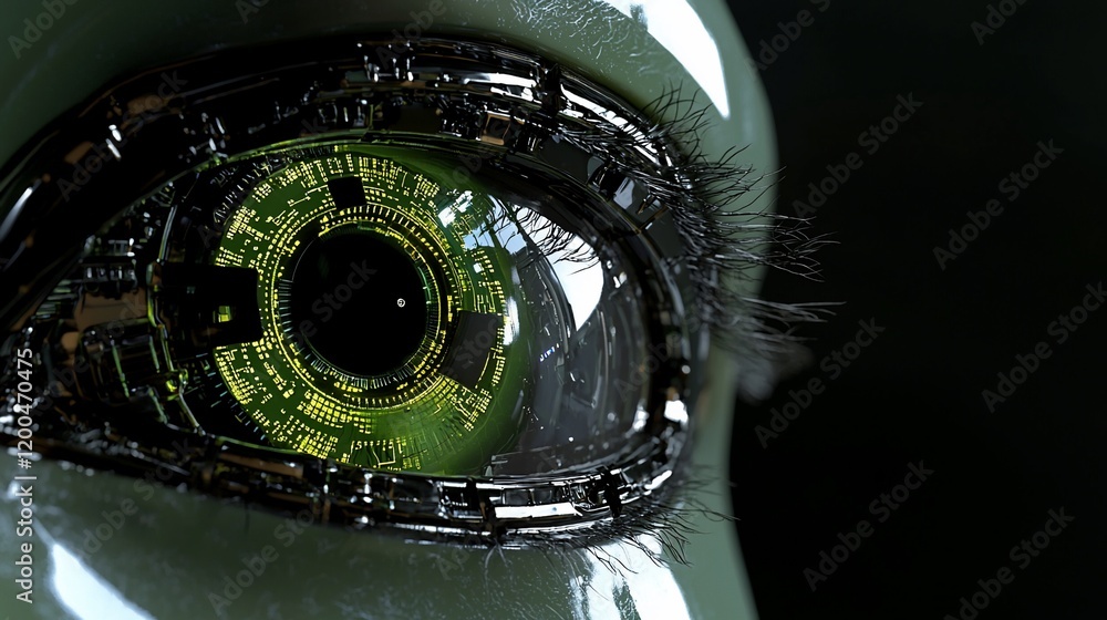 Poster close-up of a robotic eye with green digital display.