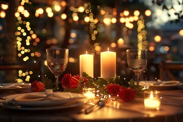 Romantic candlelit dinner, outdoor setting,  festive lights,  couple's date