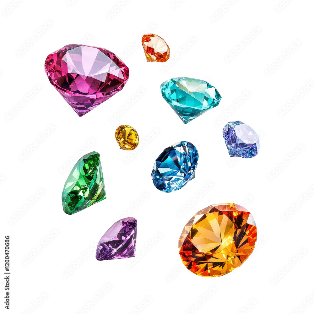 Poster colorful diamonds of various shapes and sizes floating in the air against a clean transparent backgr