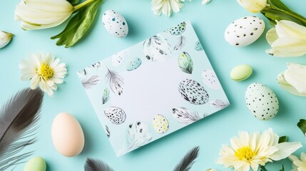 A pastel-colored Easter card surrounded by decorative flowers and feathers.