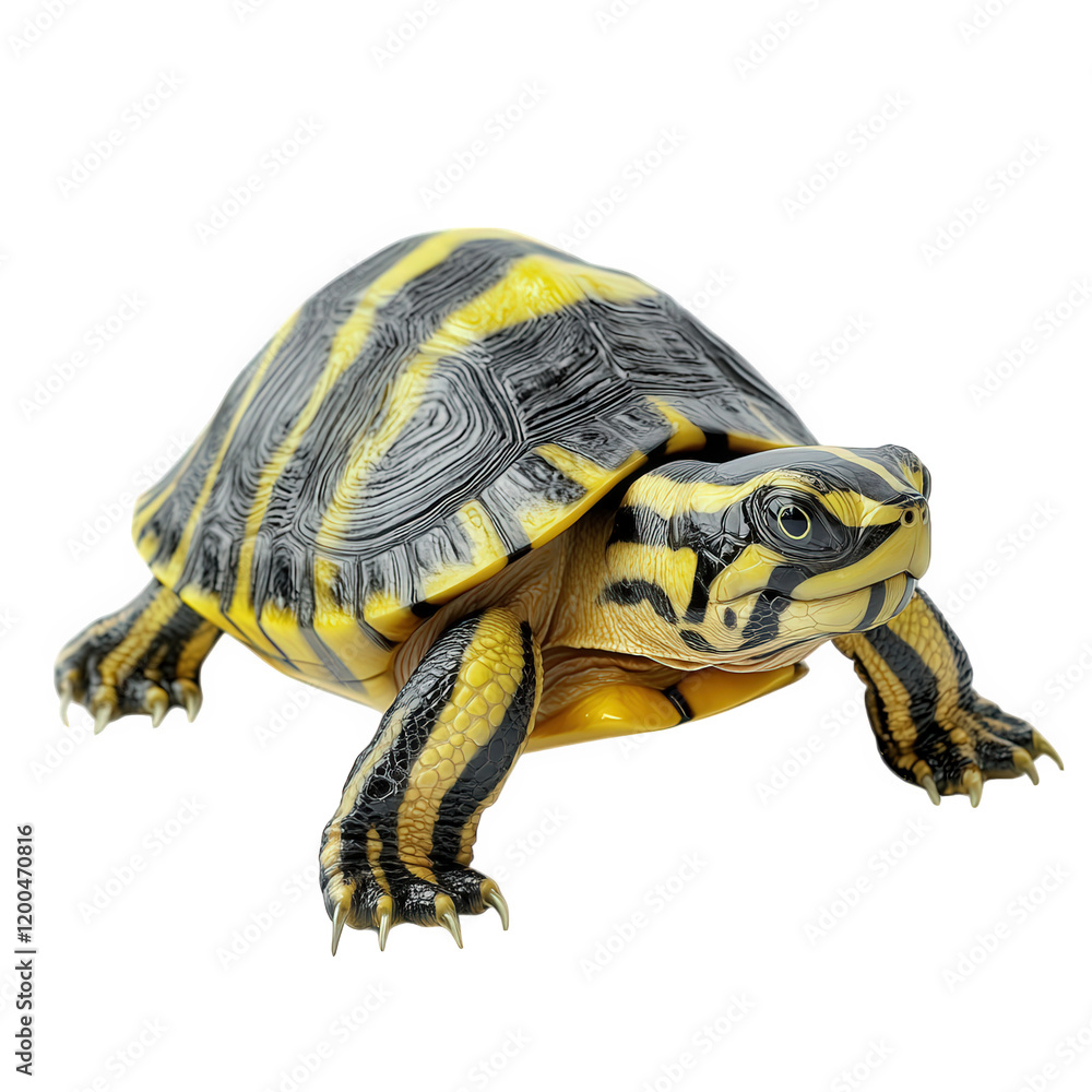 Poster a vibrant turtle with a striking yellow and black shell. showcasing its intricate patterns and textu