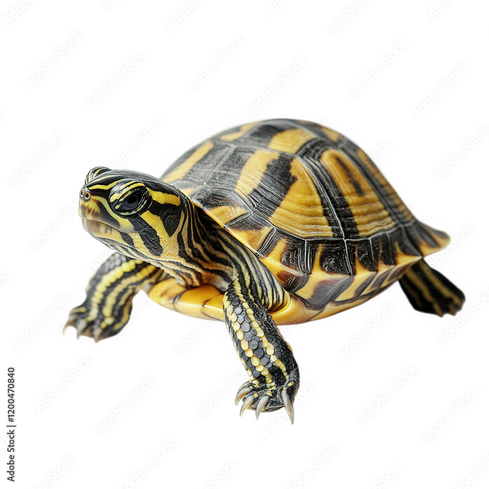 Poster a colorful turtle with distinctive yellow and black patterns on its shell. showcasing its features a