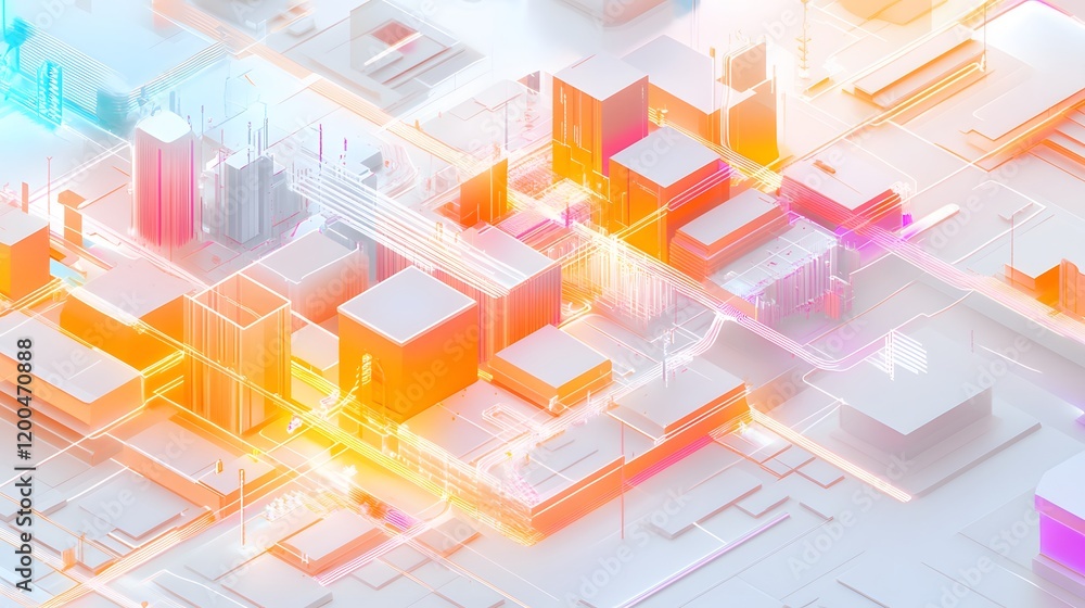 Poster abstract digital cityscape with glowing pathways and structures