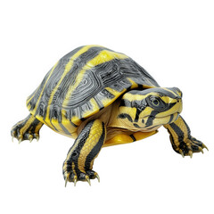Obraz premium a vibrant turtle with a striking yellow and black shell. showcasing its intricate patterns and textures the turtle is positioned on a clean. white background. emphasizing its colorful appearance and n