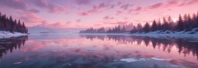 Obraz premium A beautiful frozen lake with snowflakes gently falling on the surface, under a stunning tender pink sky with a few wispy clouds and a hint of blue , gentle snowfall , wispy clouds in the sky