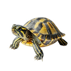a colorful turtle with distinctive yellow and black patterns on its shell. showcasing its features and textures against a plain white background the turtle appears to be in a natural pose. emphasizing
