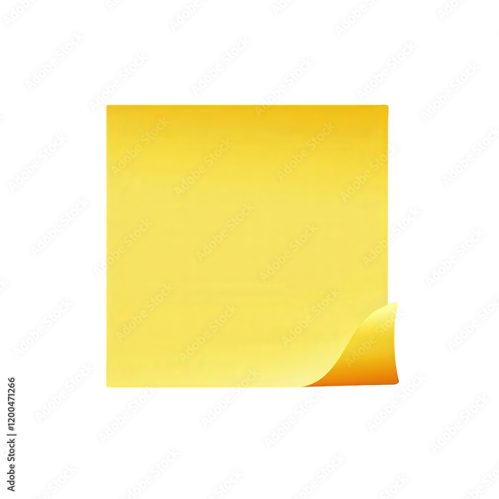 Poster single. square yellow sticky note with a slightly curled edge. set against a plain white background 