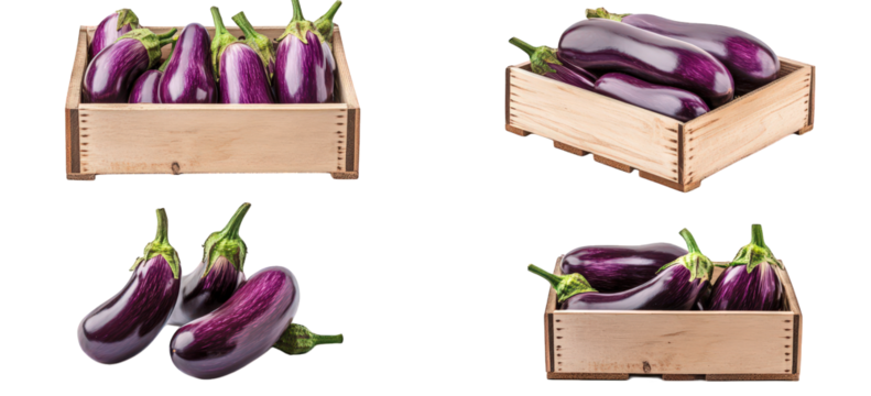 collection of fresh. glossy purple eggplants arranged in a wooden crate. showcasing their vibrant color and smooth texture the presentation emphasizes their appeal as a healthy food choice. suitable f