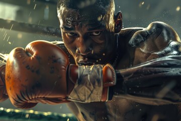 Close up of a man in boxing gloves preparing for a match in a dramatic cinematic moment