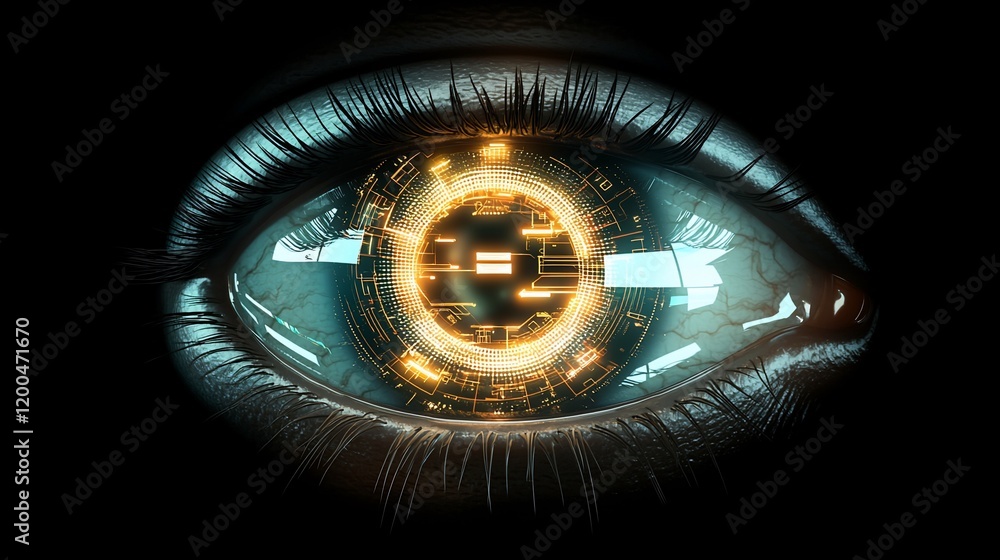 Poster close-up of a futuristic eye with glowing circuitry.