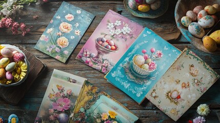 Fototapeta premium A set of Easter cards with different themes, placed on a rustic wooden table.