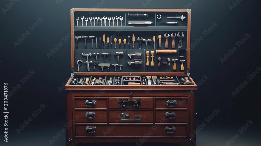 Poster a sleek tool chest with labeled compartments for different tool categories.