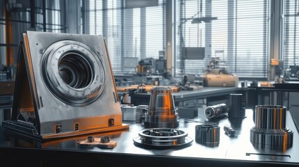 Industrial Workspace with Mechanical Components Caliper Laptop CAD Inspection Quality Testing