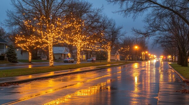 A street illuminated by electric lights with glowing reflections on wet pavement.