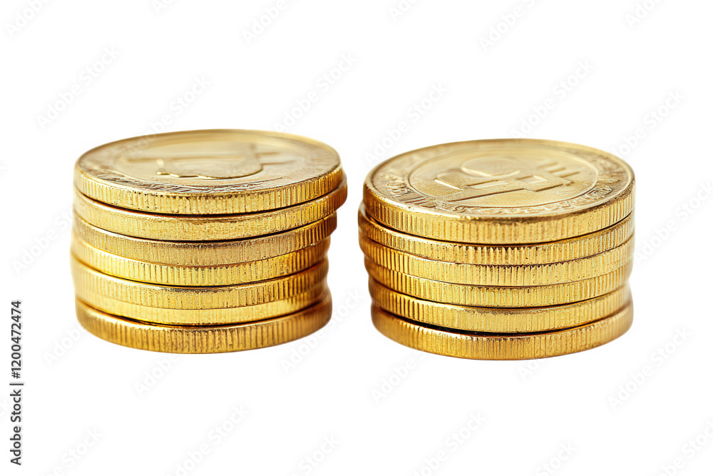 Aufkleber two stacks of shiny gold coins arranged neatly on a white background. emphasizing their metallic tex