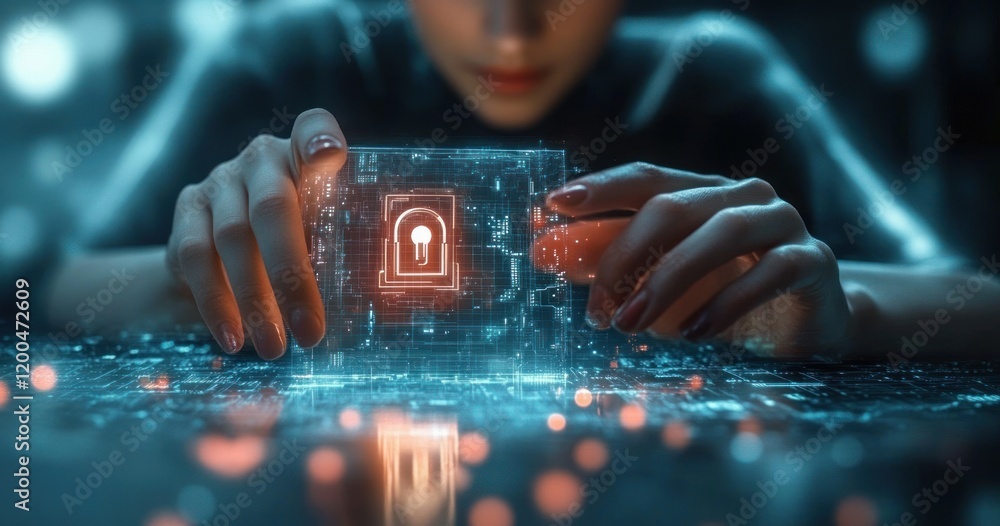 Poster cybersecurity and data protection in a futuristic environment with holographic lock interaction